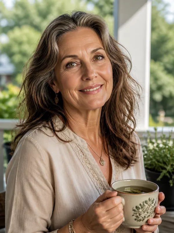 Elena Hartwell, founder and longevity advocate at Vital Aging Hub holding a warm mug on a sunlit porch
