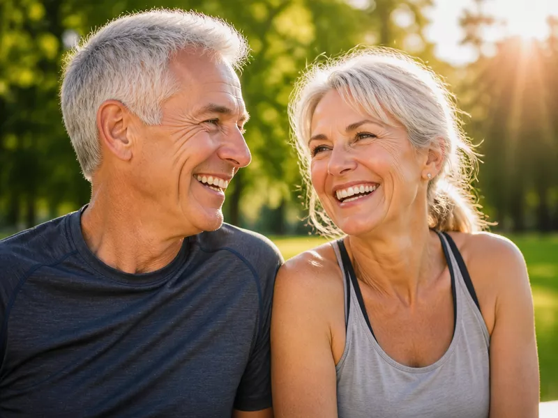 Active smiling adults over 50 enjoying a sunny morning walk outdoors
